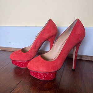Charlotte Olympia Red Suede Crystal Platform Pumps Brand New 37.5